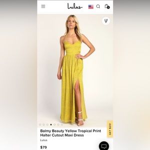 Lulus Balmy Beauty Yellow Tropical Print Halter Cutout Maxi Dress -L